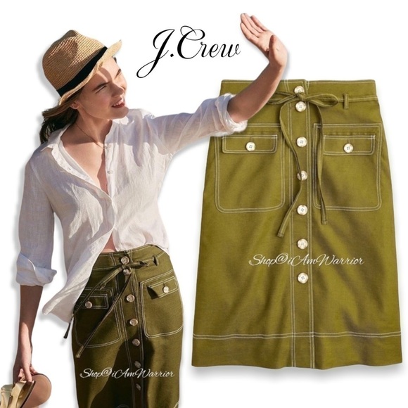 J.Crew seaweed green button front belted linen skirt *shop@iamwarrior - Picture 3 of 13